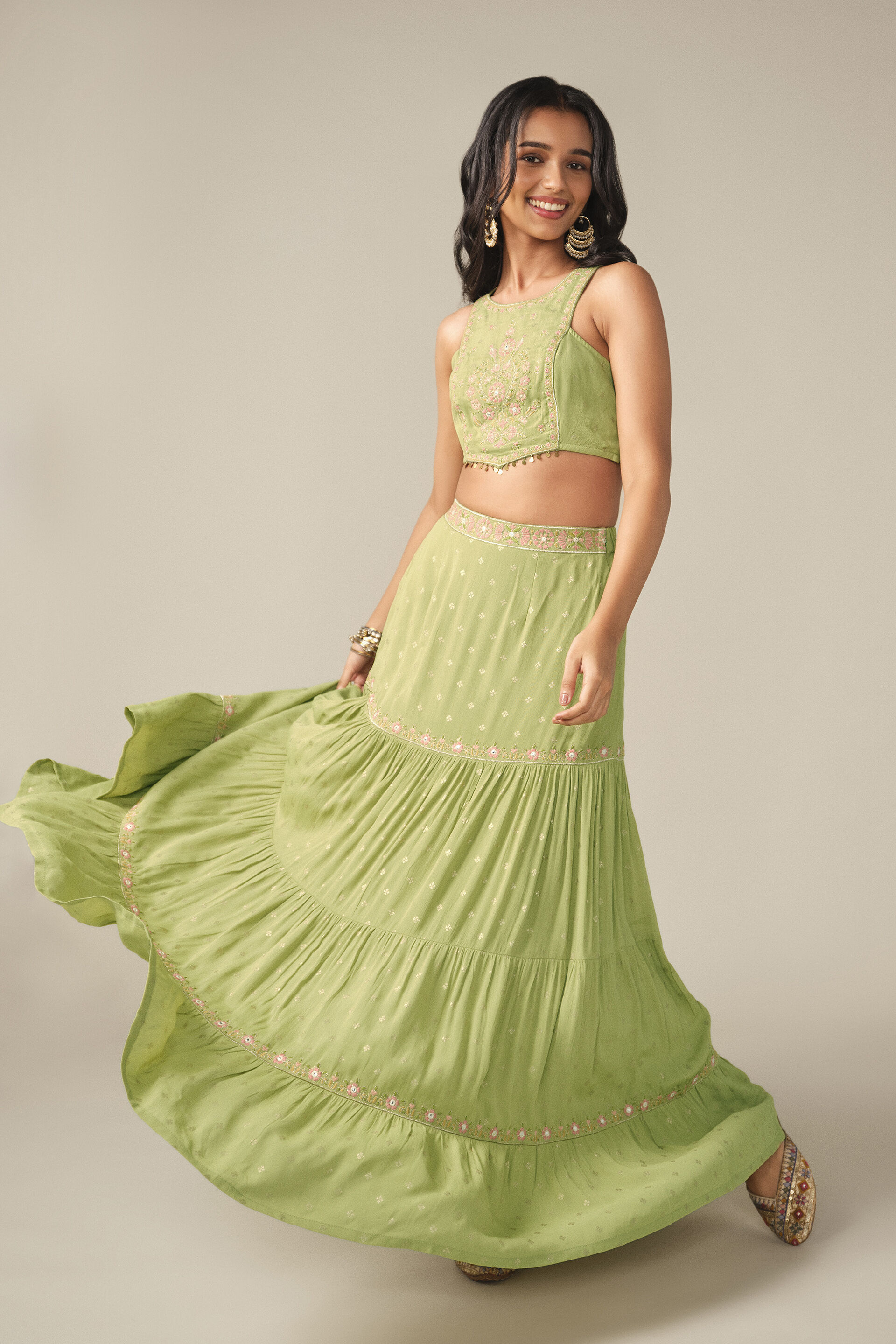 Tiered Skirt Set in Sage, Sage Green, image 3